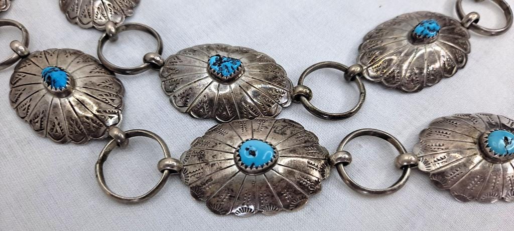 VINTAGE ~ AUTHENTIC CONCHO BELT ~ TURQUOISE TEPEES & SUNBURSTS ~ SIGNED/STERLING Vintage Turquoise Concho Belt main image 3