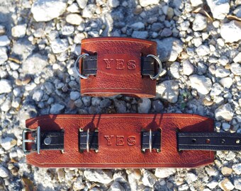 Brown Leather Wrist Cuffs with Black Strap (Initials Optional)