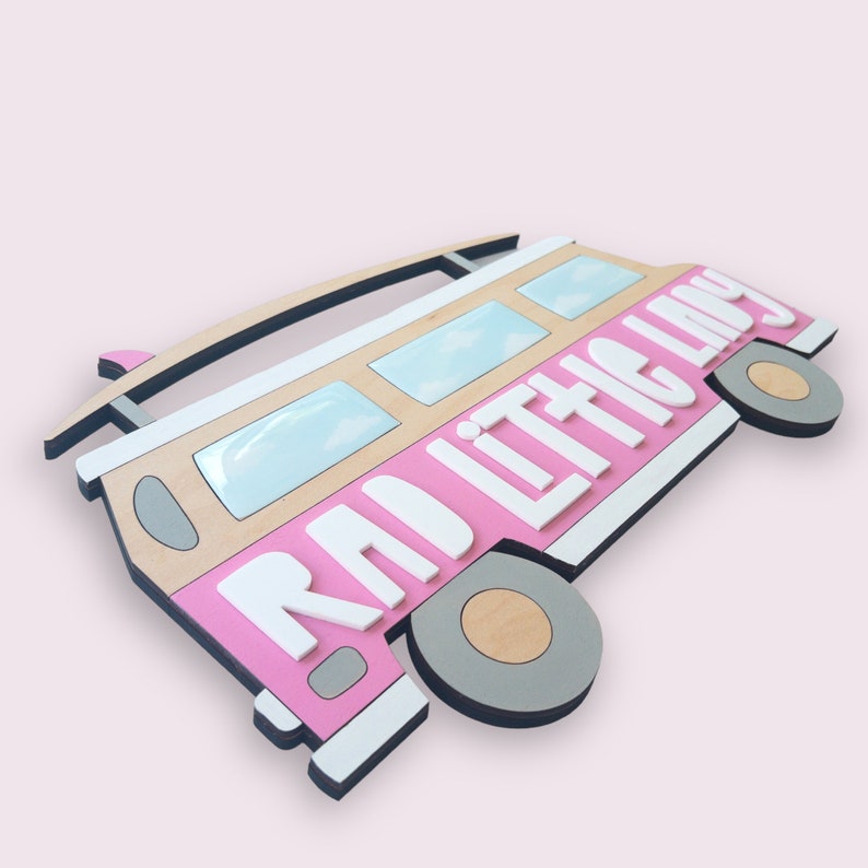 Retro Pink Surf Van on Wood for Girls Surf Themed Baby Room, Nursery, or Kids Room Surfer Baby Shower, 1st Birthday Cake Smash Photo Prop image 2