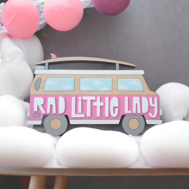 Retro Pink Surf Van on Wood for Girls Surf Themed Baby Room, Nursery, or Kids Room Surfer Baby Shower, 1st Birthday Cake Smash Photo Prop image 3