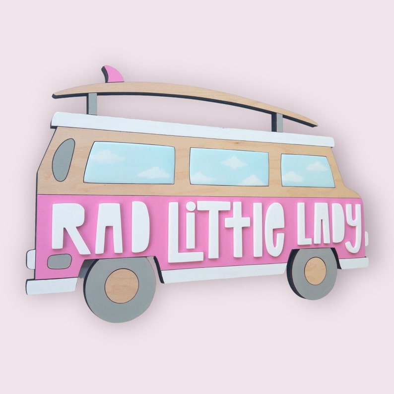 Retro Pink Surf Van on Wood for Girls Surf Themed Baby Room, Nursery, or Kids Room Surfer Baby Shower, 1st Birthday Cake Smash Photo Prop image 7