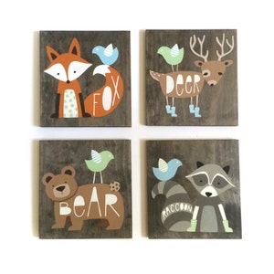 Woodland Nursery Decor Boy Set of 4 Hand Painted Wood Signs Woodland Animal Paintings Nursery Wall Art imagem 2