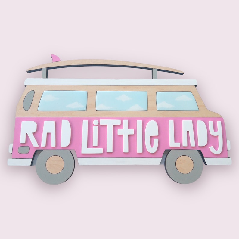 Retro Pink Surf Van on Wood for Girls Surf Themed Baby Room, Nursery, or Kids Room Surfer Baby Shower, 1st Birthday Cake Smash Photo Prop image 5