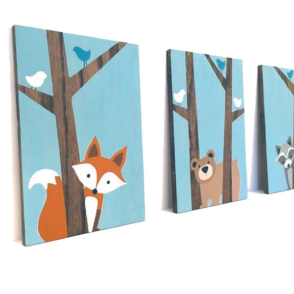 Woodland Nursery Art - Nursery Wall Art - Fox Decor - Forest Friends Nursery - Woodland Animals Nursery - Wood Signs - Woodland Creatures