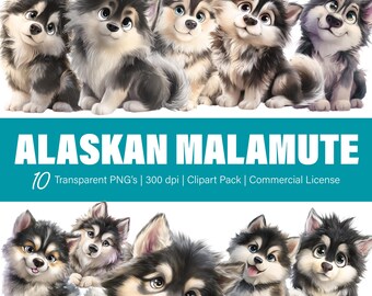 アラスカン・マラミュート犬のクリップアート – PNGファイル10枚、透明背景（商用利用可）
