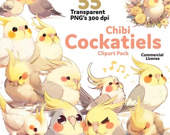 Anpassbare Chibi Cockatiel Clipart Bundle: Bearbeitbare PNG-Dateien (Instant Download)