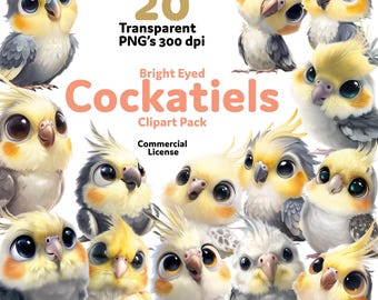 カスタマイズ可能な明るい目をしたオカメインコのクリップアートバンドル：編集可能なPNGファイル（即時ダウンロード）