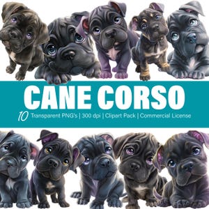 May include: Ten digital illustrations of Cane Corso puppies in different poses. The puppies are mainly black, with some featuring tan or purple highlights. The text "CANE CORSO" is displayed in large white letters, with additional text below.
