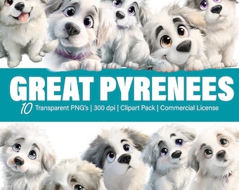 グレートピレニーズ犬のクリップアート – PNGファイル10個、背景は透明（商用利用可）