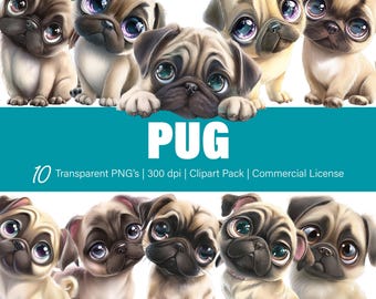 パグ犬のクリップアート – PNGファイル10個、背景は透明（商用利用可）