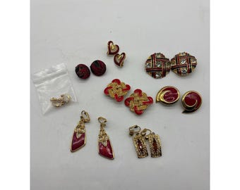Vintage Clip On Earrings Lot 8 Pairs Gold Tone Red Black Enamel Rhinestone