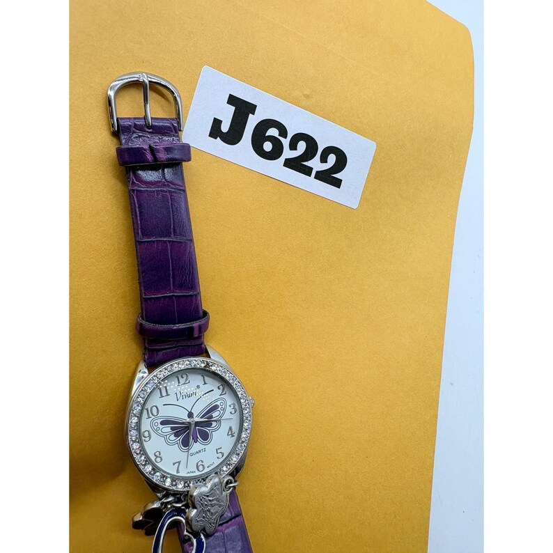 Vivani Purple Butterfly Charm Watch Rhinestone Bezel Needs Battery image 5