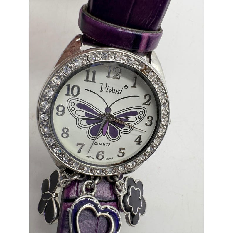 Vivani Purple Butterfly Charm Watch Rhinestone Bezel Needs Battery image 3