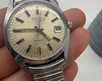 Vintage Baron 17 Jewel Automatic Mens Watch Silver Date  Speidel Band Running