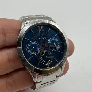Titan Mens Silver Tone Blue Dial Multifunction Watch 50M WR Needs Battery image 2