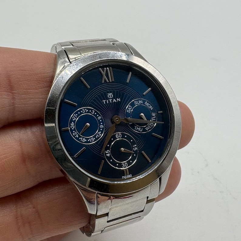Titan Mens Silver Tone Blue Dial Multifunction Watch 50M WR Needs Battery image 2