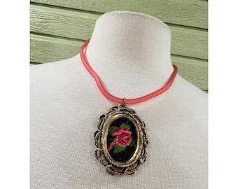 Vintage Rose Needlepoint Cameo Necklace with Mirror Back Pink Rubber Cord