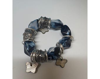 Blue Marbled Acrylic Beaded Stretch Bracelet Silver Butterfly Charms Boho