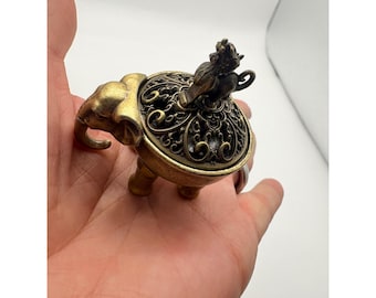 Vintage Miniature Elephant Figurine Cast Metal Antiqued Brass Trinket Dish 2in