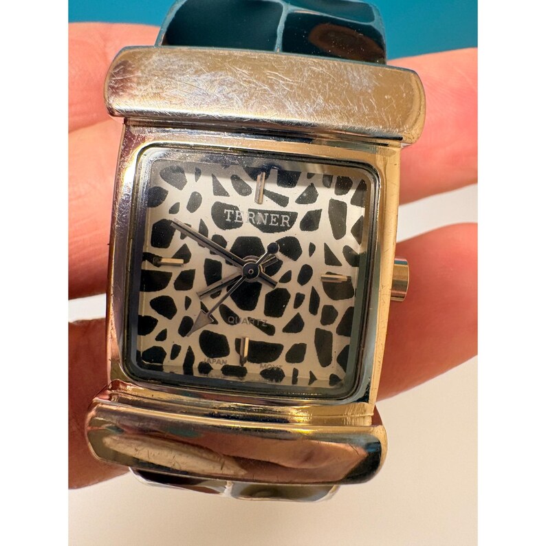 Terner Silver Tone Giraffe Print Dial Cuff Bangle Watch Black Enamel Mosaic image 6