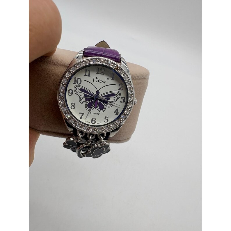 Vivani Purple Butterfly Charm Watch Rhinestone Bezel Needs Battery image 10