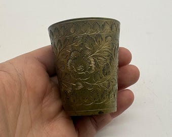Vintage Etched Brass Lassi Cup Floral Foliate Engraved Small Vessel Number