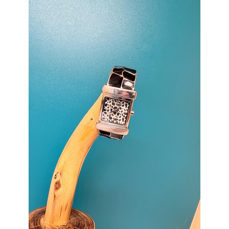 Terner Silver Tone Giraffe Print Dial Cuff Bangle Watch Black Enamel Mosaic image 1