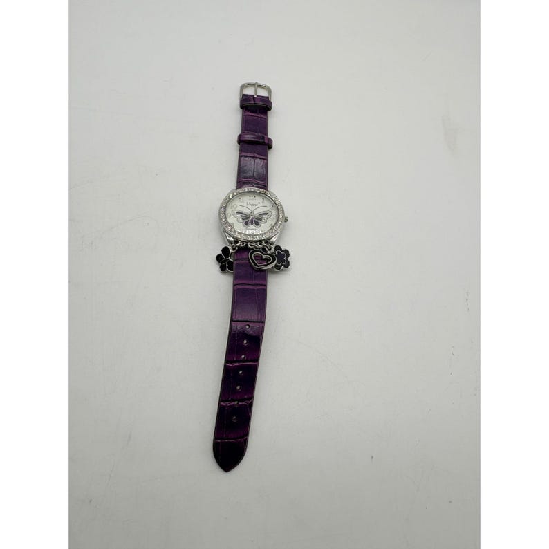 Vivani Purple Butterfly Charm Watch Rhinestone Bezel Needs Battery image 1