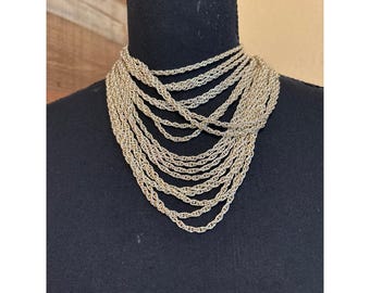 Vintage Silver Multi 6 Strand Chain Necklace Layered Statement Hook Closure J124