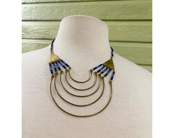 Artisan Brass Tiered Crescent Bib Necklace Blue Seed Bead Statement Boho