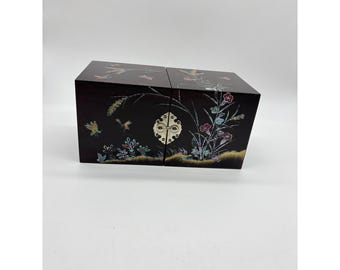 Vintage Japanese Lacquer Mother Pearl Jewelry Chest Box Butterfly Flowers 4 Dr