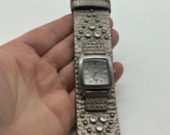 Fossil Womens Square Face Silver  Rhinestone Leather Cuff Watch Needs Battery