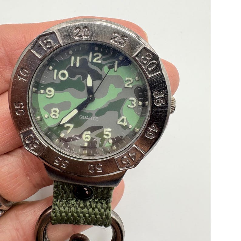 Camo Clip Watch Japan Quartz Movement Gunmetal Tactical Keychain image 2