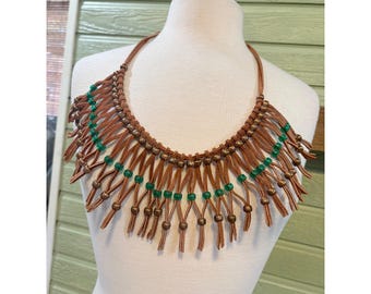 Handmade Brown Faux Suede Fringe Bib Necklace Green Glass Beads Bronze Southwest