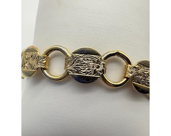 Vintage Gold Tone Floral Etched Disc Link Bracelet Victorian Revival 6.75 In