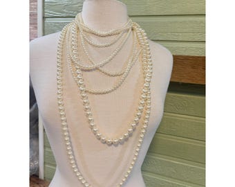 Vintage Style Multi Strand Faux Pearl Layered Statement Necklace Cream