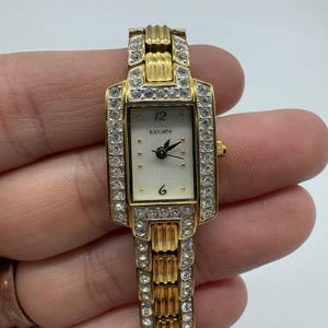 Elgin Womens Gold Tone Rhinestone Watch Rectangular Dial Japan  Needs Battery