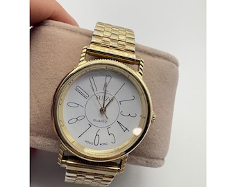 Suizo Quartz Watch Gold Tone Expansion Band White Dial Oversized Numerals
