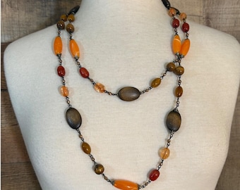 Boho Long Multi Strand Beaded Necklace Orange Brown Wood Acrylic