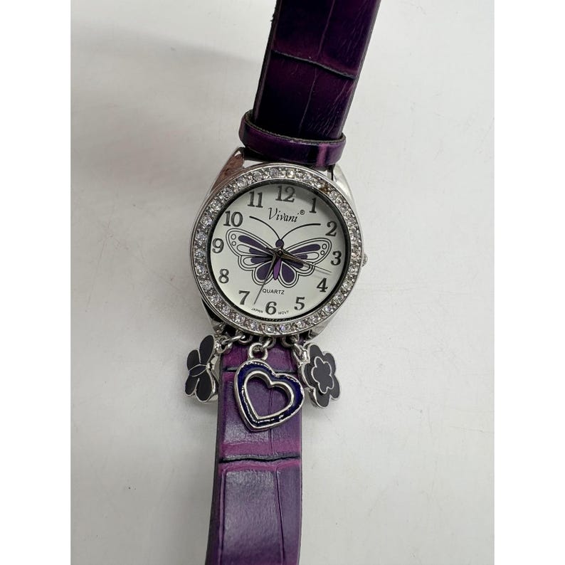 Vivani Purple Butterfly Charm Watch Rhinestone Bezel Needs Battery image 2