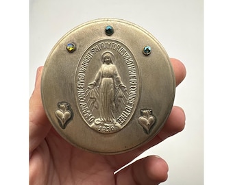 Vintage Miraculous Medal Virgin Mary Pill Box Rosary Case Gold Tone Red Velvet