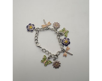 Silver Tone Nature Enamel Charm Bracelet Butterfly Dragonfly Flower 7.25 Inch