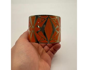 Vintage 80s Orange Enamel Gold Tone Mosaic Geometric Abstract Cuff Bracelet