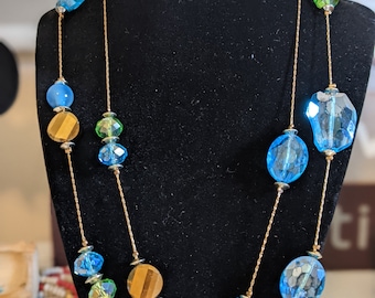 Blue, Green and Gold Beaded Necklace