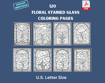May include: 120 floral stained glass coloring pages in US Letter size.  The pages feature black and white illustrations of flowers in stained glass windows.