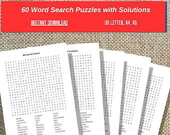 May include: A set of 60 printable word search puzzles with solutions on a white background. The puzzles are themed around Christmas and feature words like Santa Claus, cookies, and reindeer. The puzzles are designed for US Letter, A4, and A5 paper sizes.