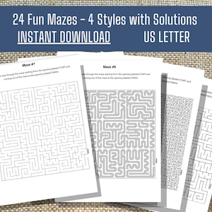 Maze Puzzle Variety Pack 24 Puzzles,  24 Printable Worksheets with Answer Key, Instant Download