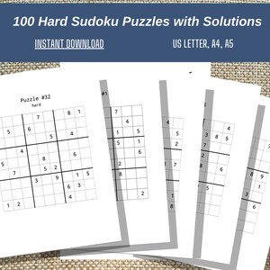 Sudoku Printable, 100 Pages Hard Sudoku Puzzles with Solutions , 100 Sudoku Puzzles for Adults, Instant Download