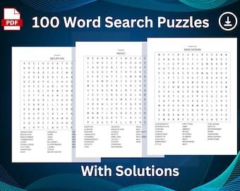 100 Word Search Puzzles | Adults & Kids Party Games (Digital Download)