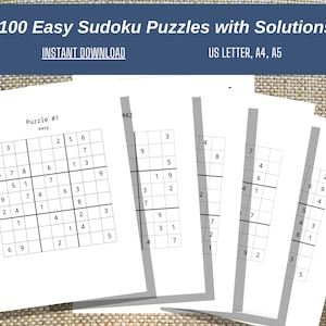 Easy Sudoku Printable, 100 Pages Easy Sudoku Puzzles with Solutions , 100 Sudoku Puzzles for Adults, Instant Download,